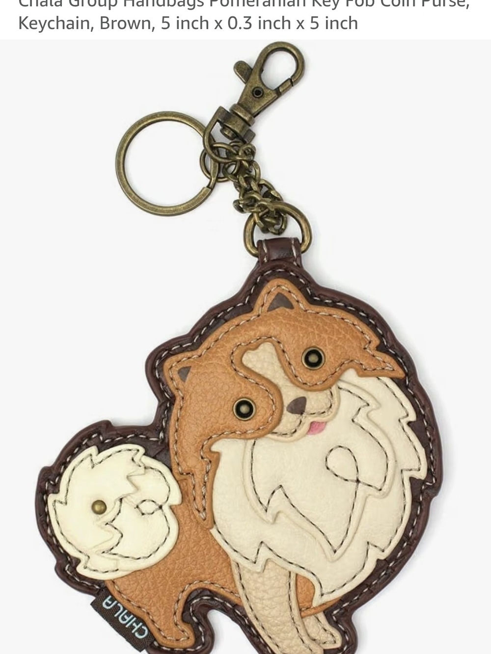 Chala Brown and Cream Pomeranian Keychain Coin Purse with Antique Brass Hardware